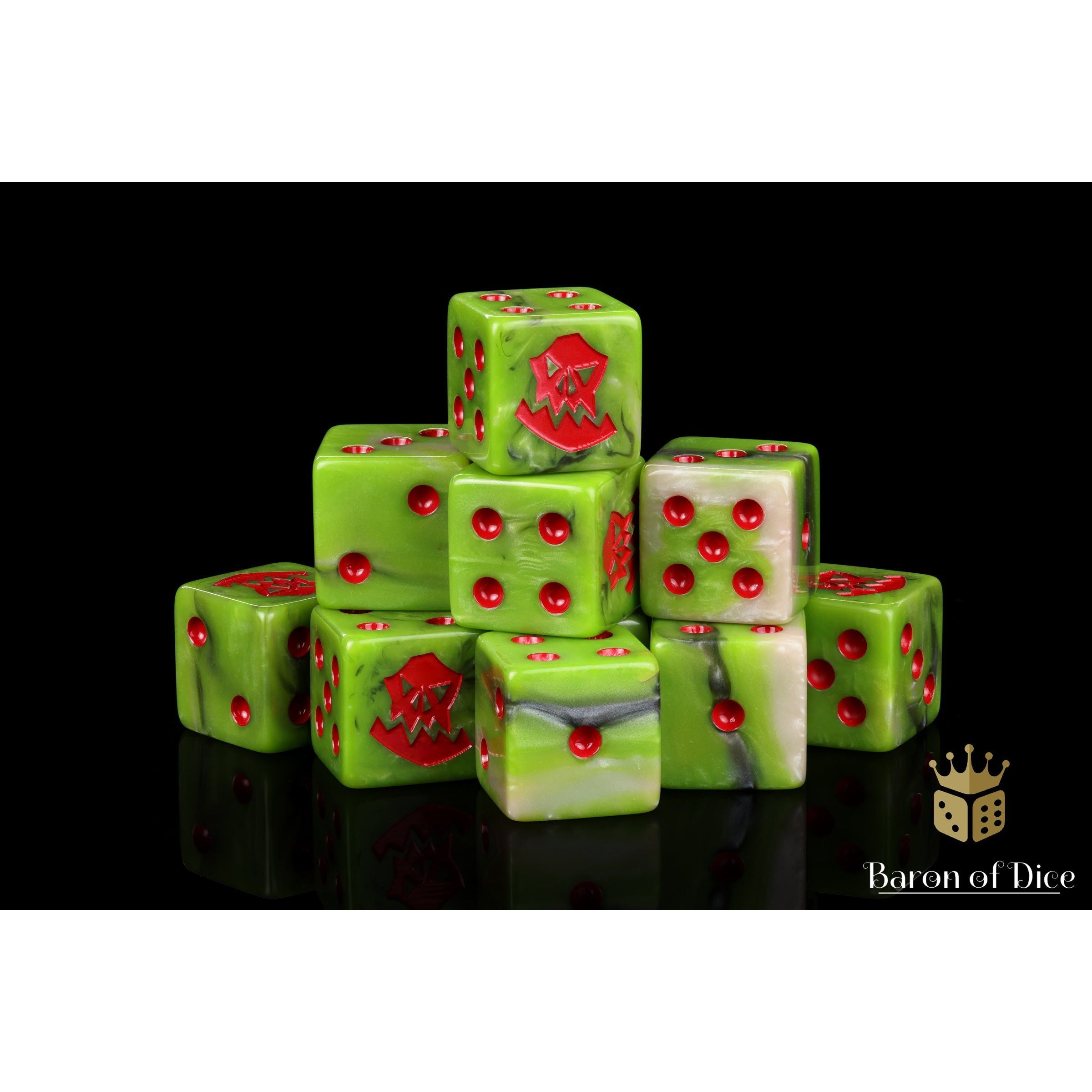Orc Dice (Red) by Baron of Dice — 16mm resin D6 dice, Orc greens with rocky greys and a bright bloody red inlay (view 8)