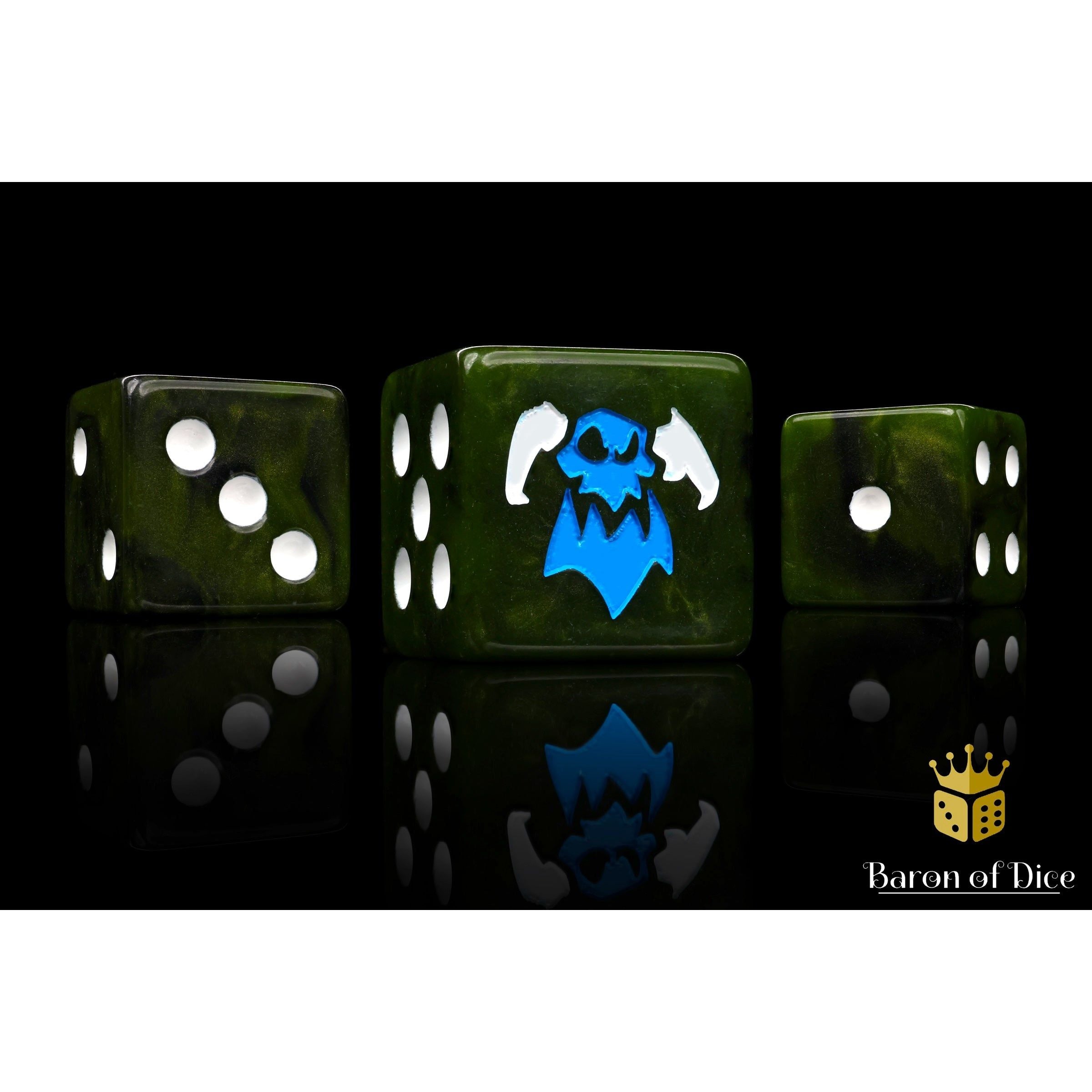 Orc Looters Dice by Baron of Dice — 16mm resin D6 dice, Orc greens with a two-toned bright blue and white inlay (view 3)