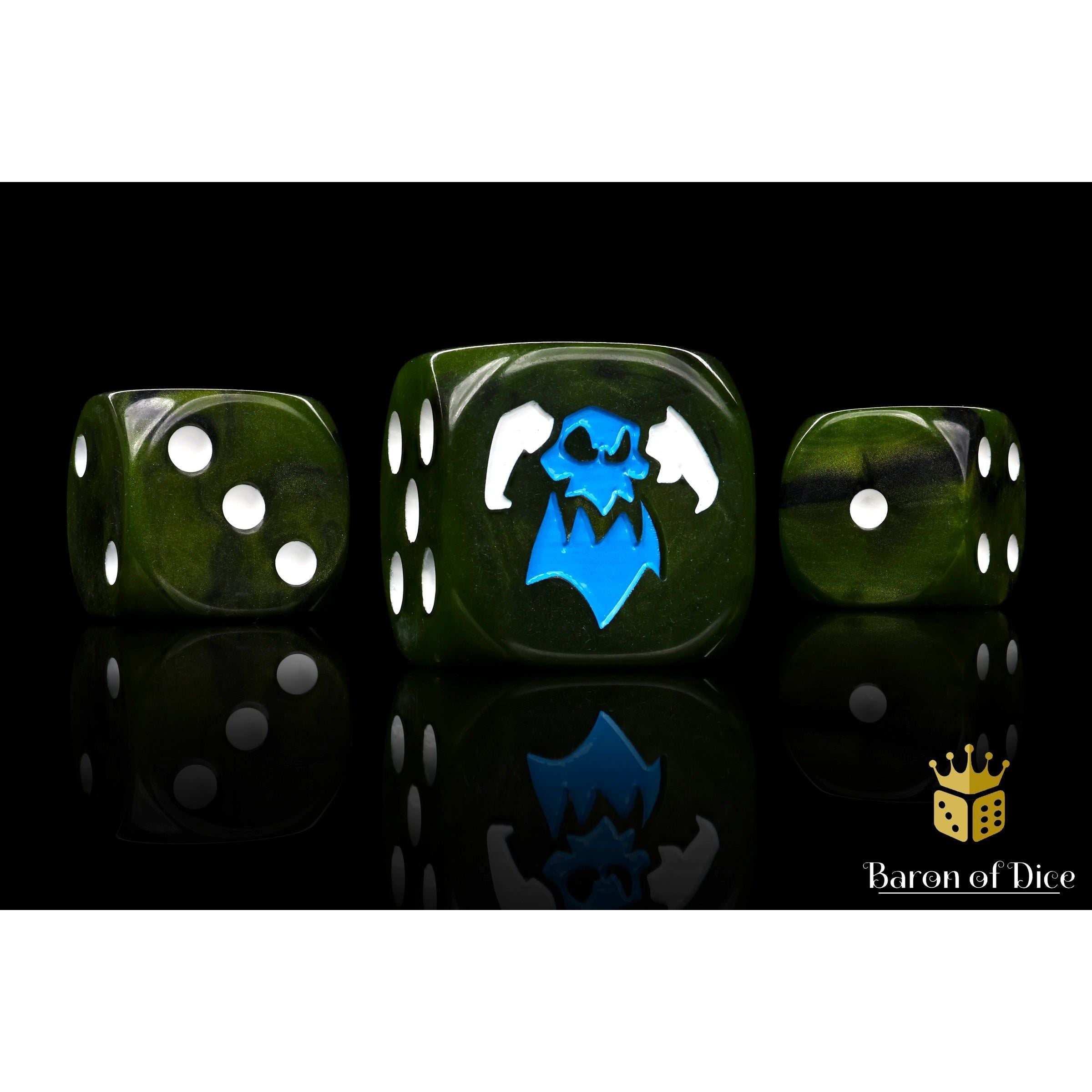Orc Looters Dice by Baron of Dice — 16mm resin D6 dice, Orc greens with a two-toned bright blue and white inlay (view 4)