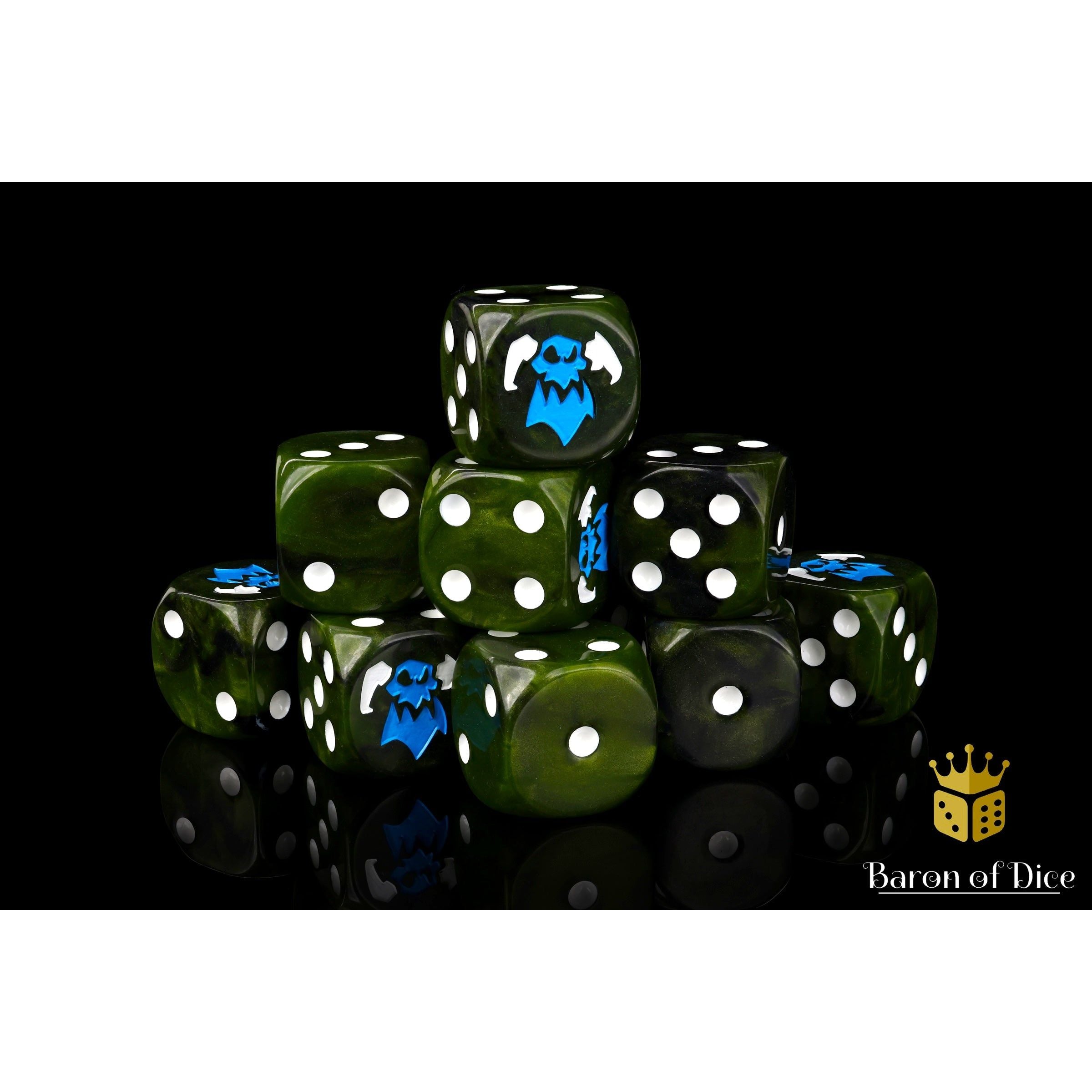 Orc Looters Dice by Baron of Dice — 16mm resin D6 dice, Orc greens with a two-toned bright blue and white inlay (view 5)