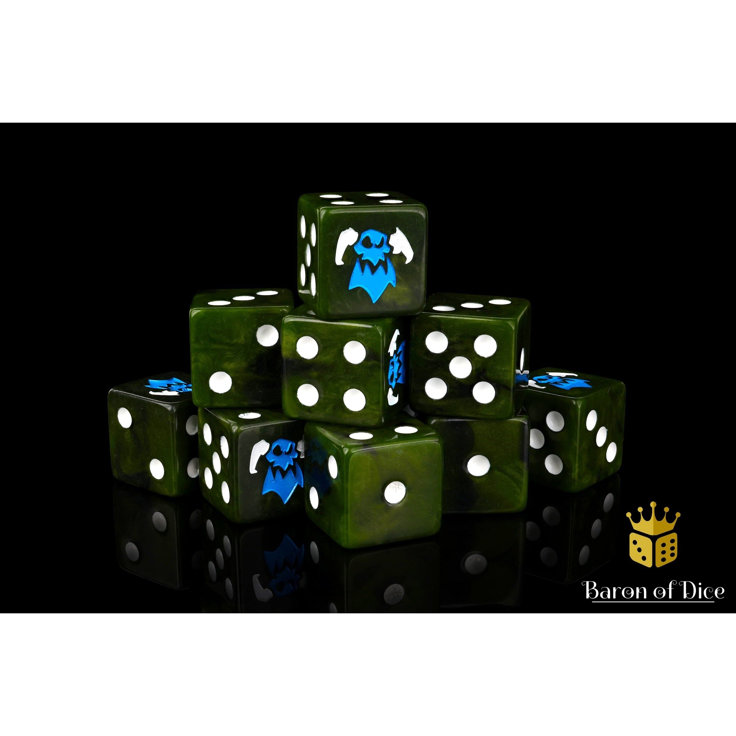 Orc Looters Dice by Baron of Dice — 16mm resin D6 dice, Orc greens with a two-toned bright blue and white inlay (view 6)
