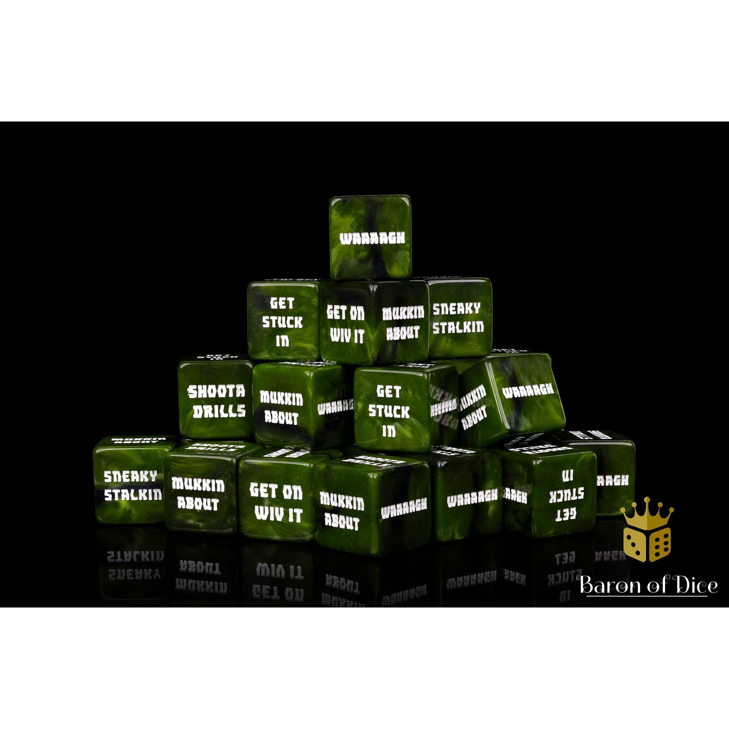 Orc Tactics Dice by Baron of Dice — 16mm resin counting cubes, Orc greens with black steel and a bright white inlay