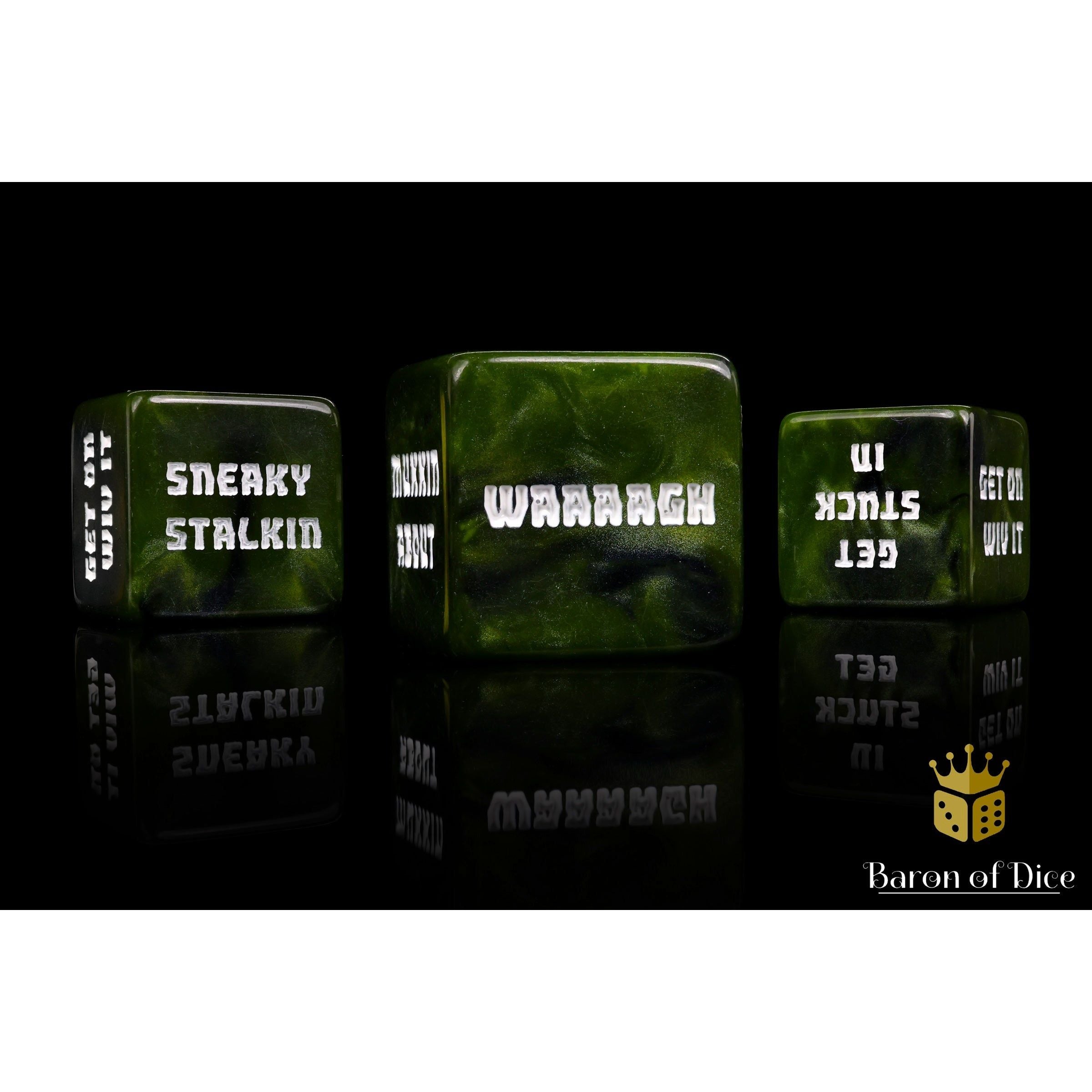 Orc Tactics Dice by Baron of Dice — 16mm resin counting cubes, Orc greens with black steel and a bright white inlay (view 2)
