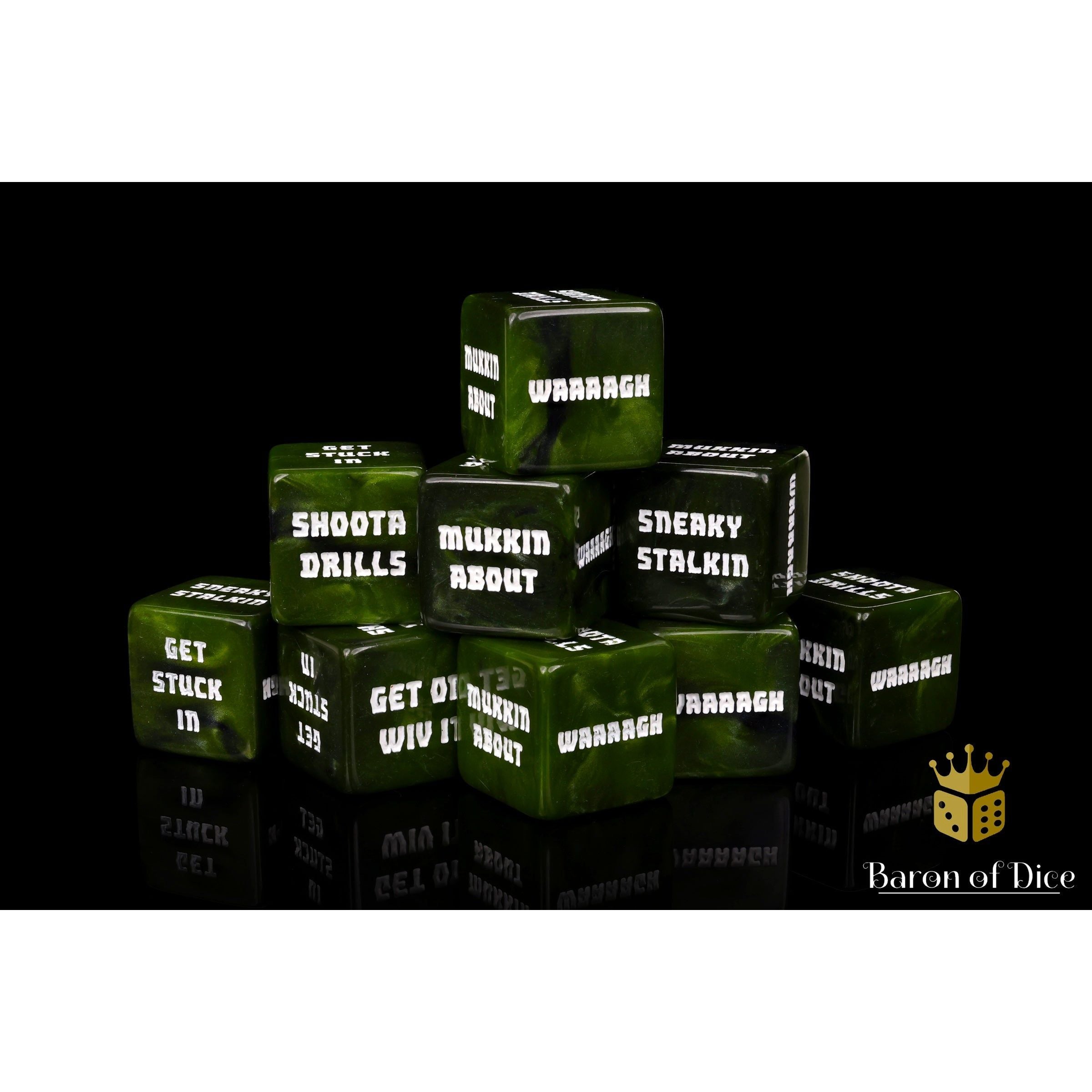 Orc Tactics Dice by Baron of Dice — 16mm resin counting cubes, Orc greens with black steel and a bright white inlay (view 3)