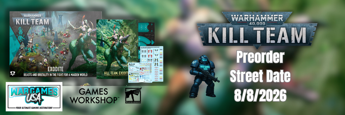 Promotional banner for Warhammer 40k Kill Team: The Exodite Games Workshop preorder, featuring product box art, rules booklets, a mini figure, and text reading 'Preorder Street Date 8/8/2026'.