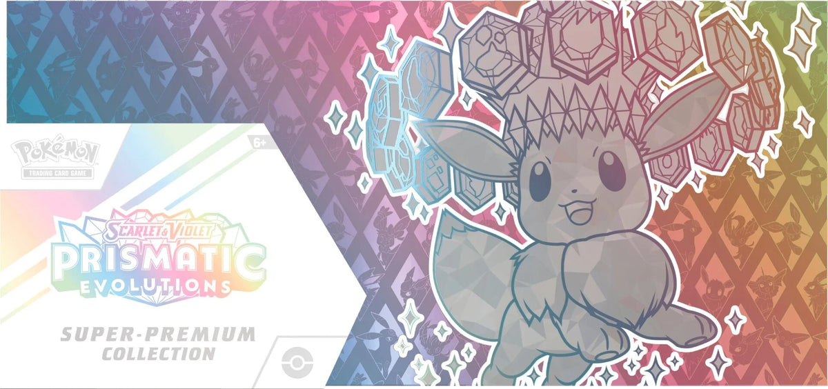 Inside the Prismatic Evolutions Super-Premium Collection showing the fifteen booster packs and accessories