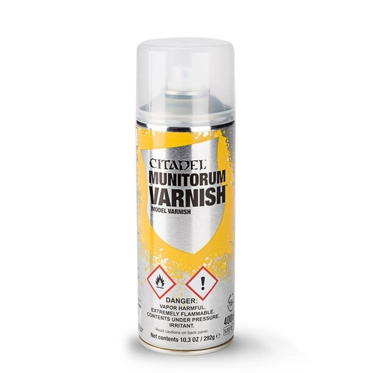 Citadel Colour Munitorum Varnish Spray bottle, matte finish, with label showing product details and spray nozzle for model protection.
