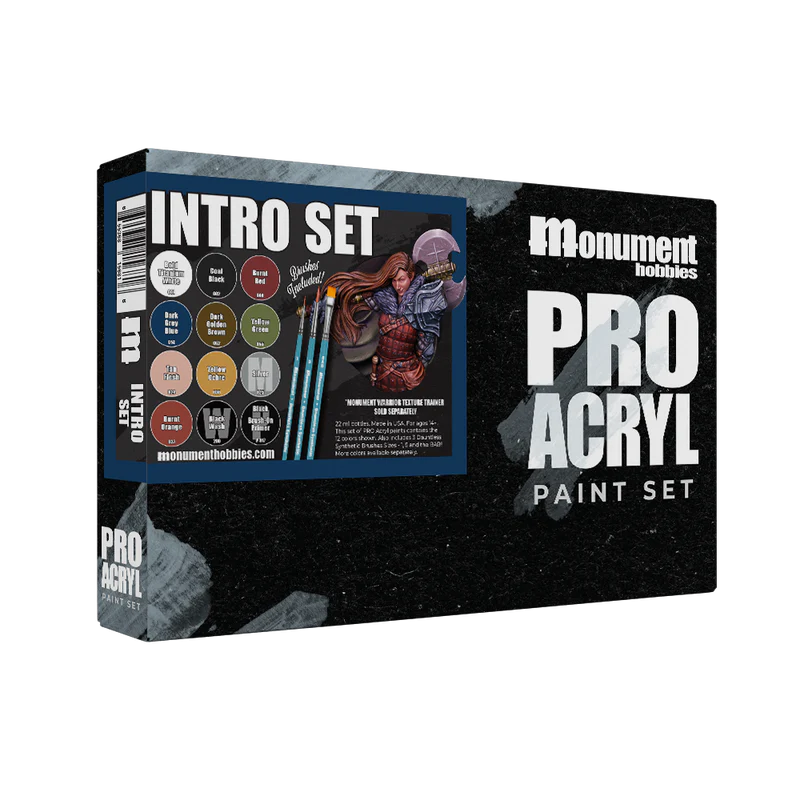 Monument Hobbies PRO Acryl Intro Set with various acrylic paints and brushes for model painting, shown in a clear display image.