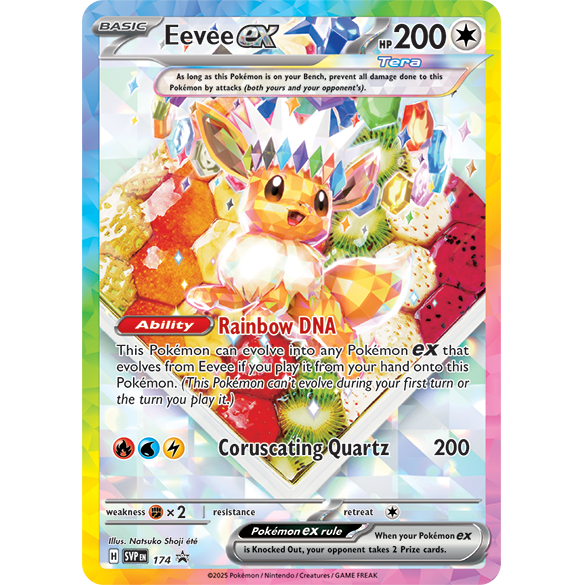Pokémon Scarlet & Violet Prismatic Evolutions Eevee ex collectible trading card in a premium collection box.