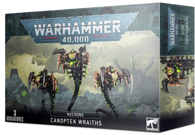 Box of Canoptek Wraiths Necrons miniatures with 3 models and 50mm round bases.