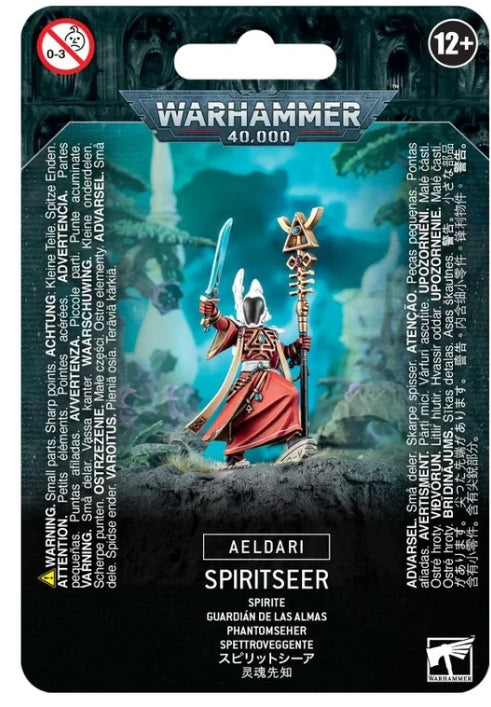 Spiritseer Aeldari miniature with staff on Citadel 25mm Round Base in Warhammer 40,000 packaging.