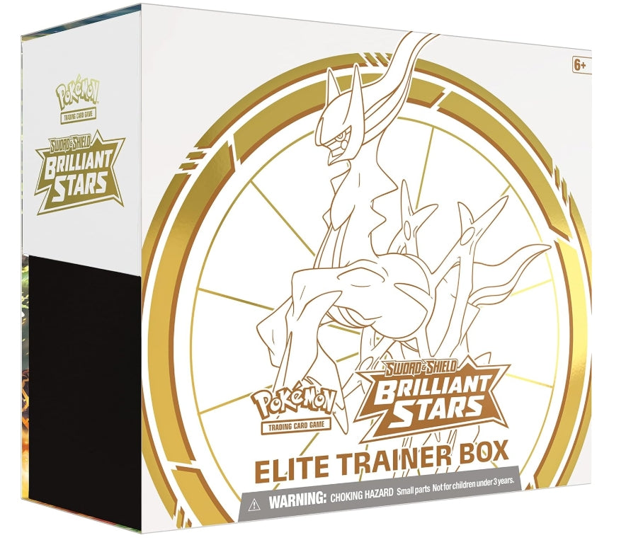 Pokemon Sword & Shield Brilliant Stars Elite Trainer Box with Arceus design.