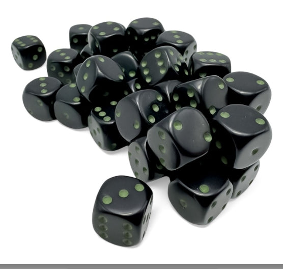 Chessex 12mm D6 black and green dice set of 36.
