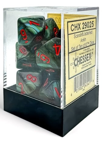 Chessex Scarab Jade D10 dice set with green sides and red numbers in a display box.