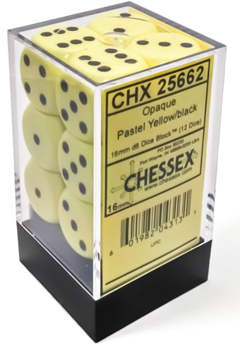 Chessex Opaque 16mm D6 Pastel Yellow/Black Dice Block (12 dice) in packaging.