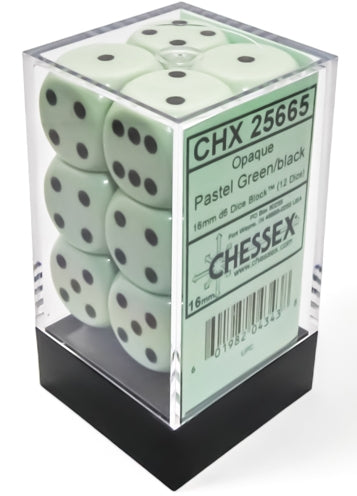 Chessex Opaque 16mm pastel green and black dice block, 12 dice set.