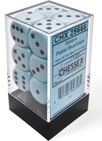 Chessex Opaque pastel blue and black 16mm dice block set of 12.