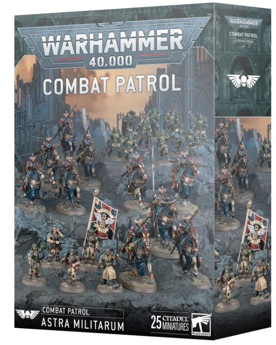 Warhammer 40000 Astra Militarum Combat Patrol box set with miniatures and bases.
