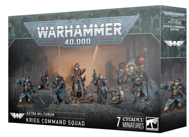 Warhammer 40000 Astra Militarum Krieg Command Squad box set with miniatures and accessories.