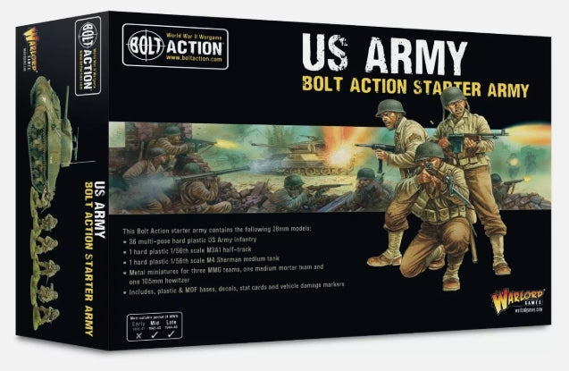 US Army Starter Army: Bolt Action set by Warlord Games, includes 36 infantry figures, M3A1 half-track, 105mm artillery, MMG and mortar teams, and M4 Sherman tank.