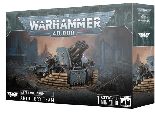 Warhammer 40000 Krieg Artillery Team model kit with components and crew.