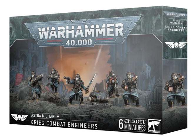 Warhammer 40000 Astra Militarum Krieg Combat Engineers miniature kit with components and bases.