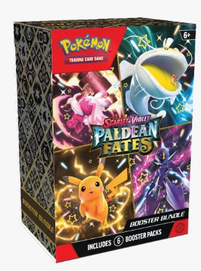 Paldean Fates Booster Bundle featuring Shiny Pokémon cards and six booster packs.
