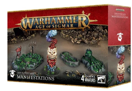 Warhammer Age of Sigmar: Orruk Warclans Manifestations box set with Gork-Roara, Morkspit Marsh, and Foot of Gork components.