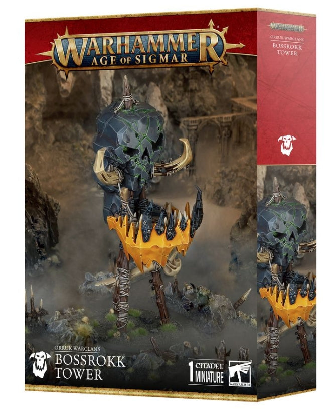 Warhammer Age of Sigmar Orruk Warclans Bossrokk Tower model kit with components and base.