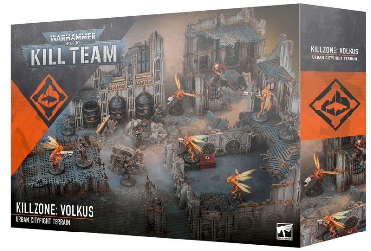 Warhammer 40000 Kill Team Killzone: Volkus Urban Cityfight Terrain box with detailed urban battlefield setup.