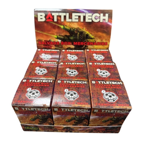 BattleTech Salvage Box Mercenaries display with multiple miniature boxes.
