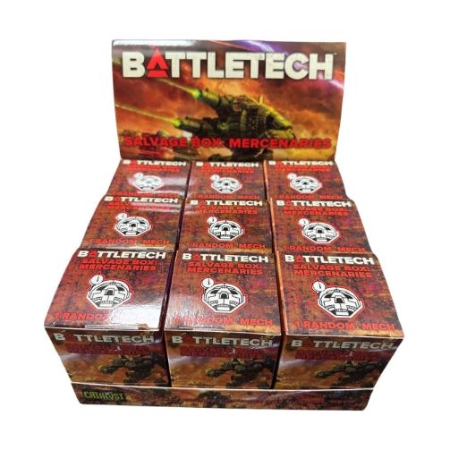 BattleTech Salvage Box Mercenaries display with multiple miniature boxes.