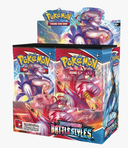 Pokemon: Battle Styles Booster Box with 36 packs, featuring Single Strike and Rapid Strike mechanics.