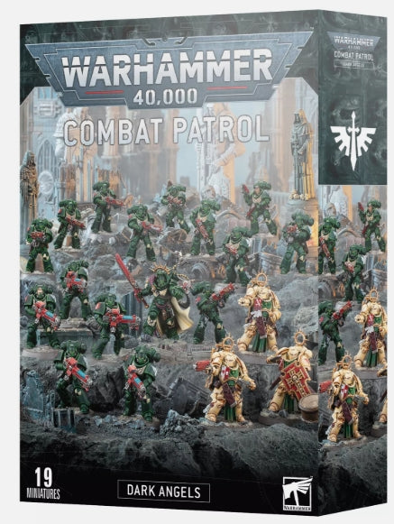Warhammer 40000 Combat Patrol Dark Angels box set with Primaris Chaplain and Intercessors.