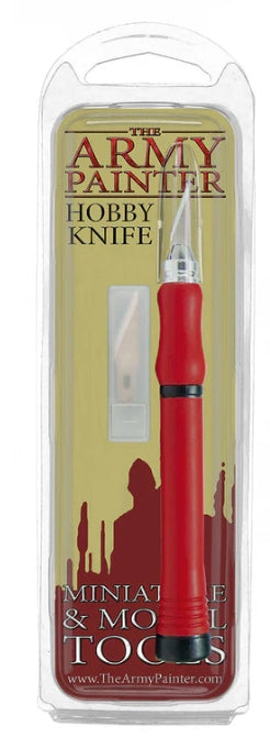 The Army Painter Hobby Knife with sharp blade and rubber-coated handle in packaging.