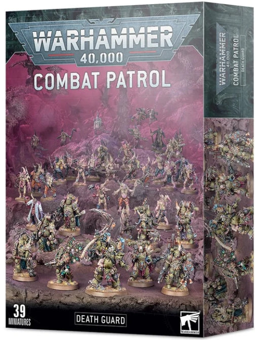 Warhammer 40000 Combat Patrol Death Guard box with miniatures and bases.