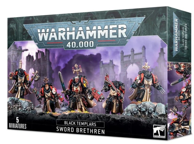Warhammer 40000 Sword Brethren Black Templars box set with five miniatures and Citadel bases.