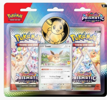 Prismatic Evolutions 2-Pack Blister featuring Eevee foil card, metallic coin, and booster packs.