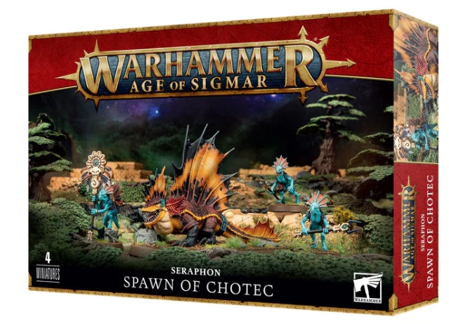 Seraphon: Spawn Of Chotec miniature kit with Sun Acolytes, featuring 43 plastic components and bases.