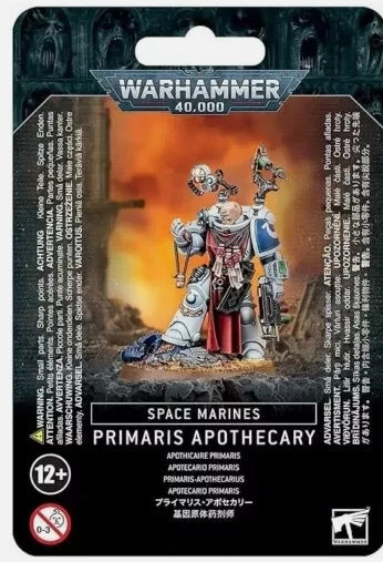Primaris Apothecary Space Marine model kit with accessories and Ultramarines transfer sheet.