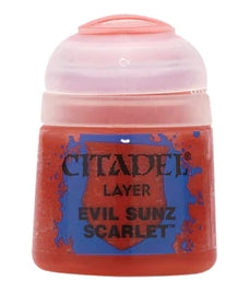 Citadel Paint: Evil Sunz Scarlet Layer Paint 12ml with water-based formula and smooth matt finish.
