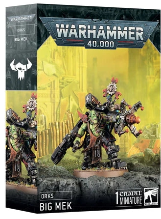Warhammer 40000 Orks Big Mek 2024 model kit with components and base.