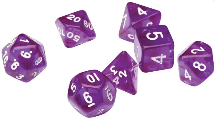 Translucent purple RPG dice set of 7 for tabletop gaming.