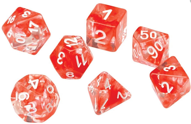 Translucent purple RPG dice set of 7 for tabletop games.