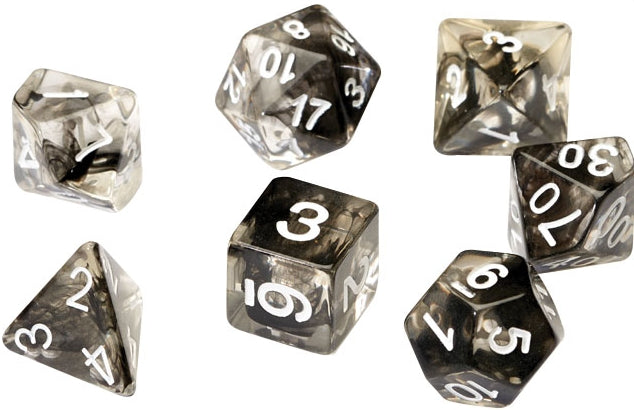 Translucent black RPG dice set of 7 for tabletop games.