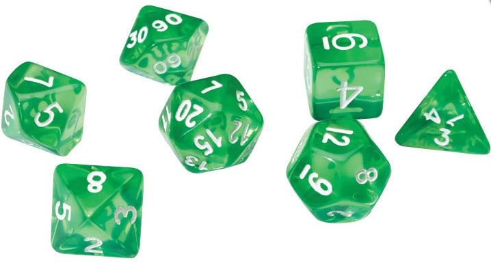 Translucent green RPG dice set of 7 for tabletop games.