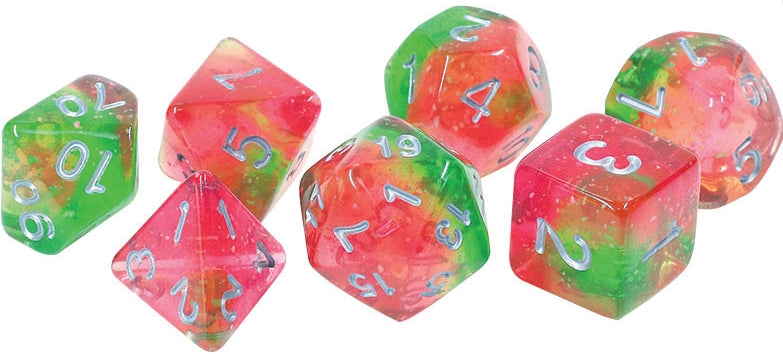 RPG Dice Set of 7 in vibrant lotus colors for tabletop games.