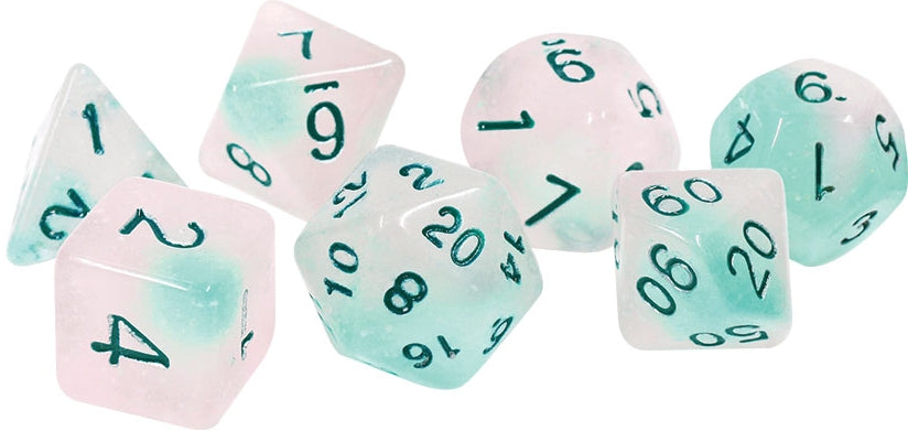Frosted Glowworm RPG Dice Set with glow-in-the-dark D20 for tabletop games.
