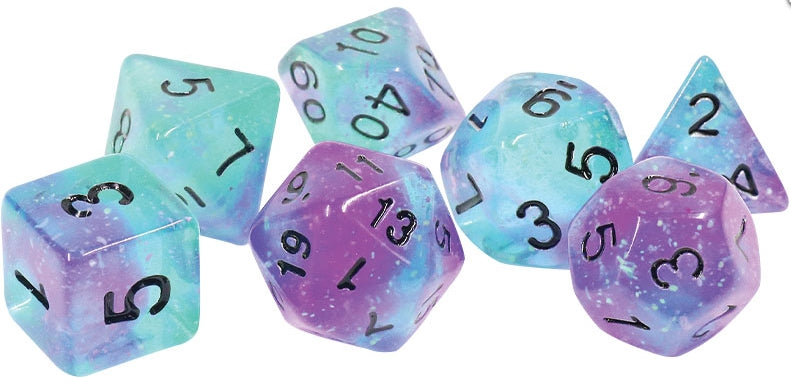 RPG Dice Set Peacock Glowworm with 7 glow-in-the-dark dice, perfect for tabletop games.