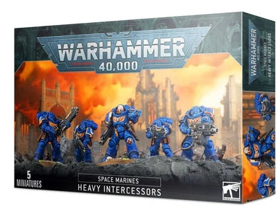 Warhammer 40000 Space Marines Heavy Intercessors box set with miniatures and accessories.